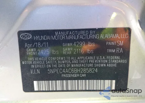 2011 Hyundai Sonata Se z USA, uszkodzony, nr VIN 5NPEC4AC6BH285824